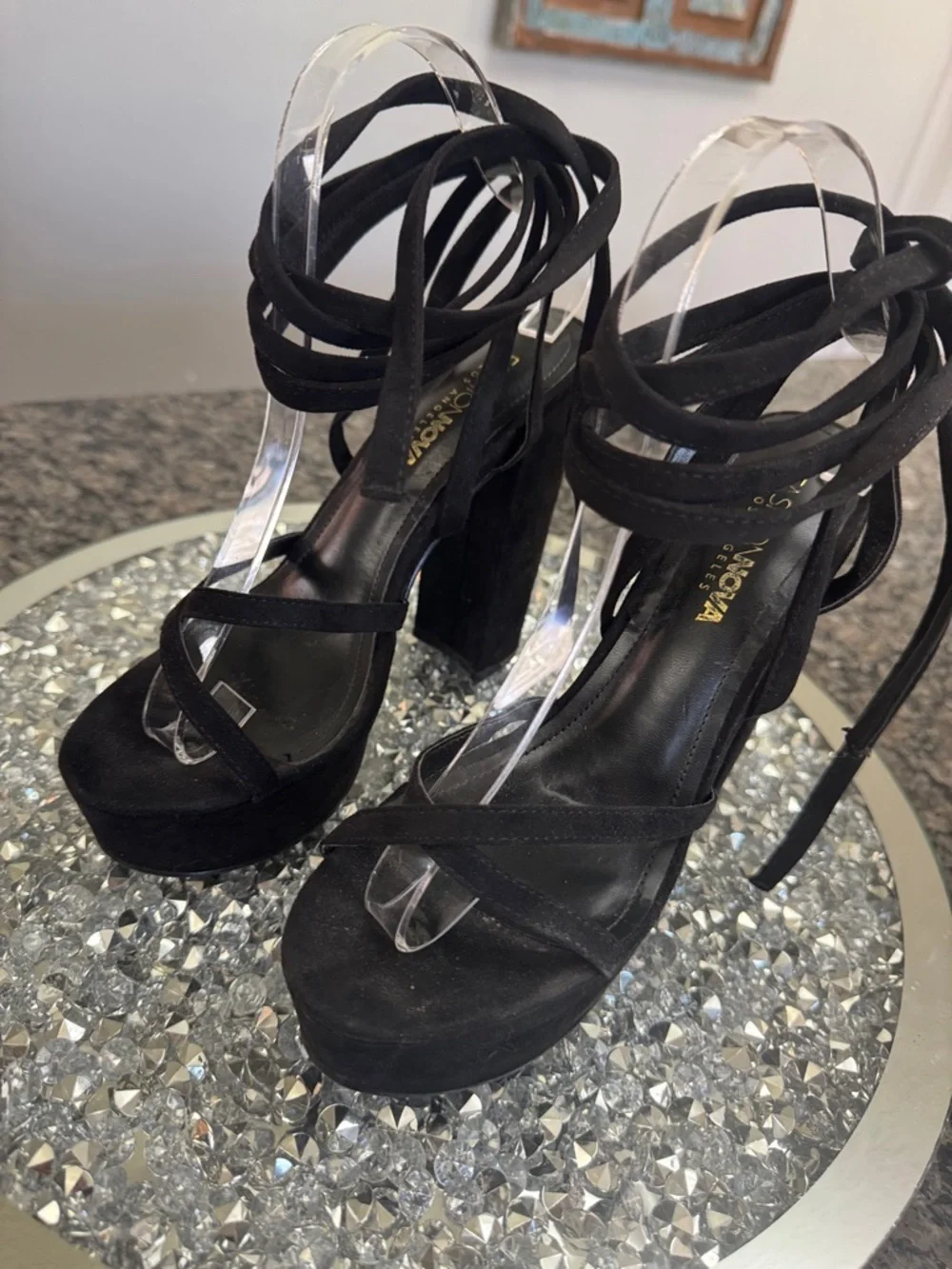 Fashion Nova Black Strappy Lace around ankle Platform Heels